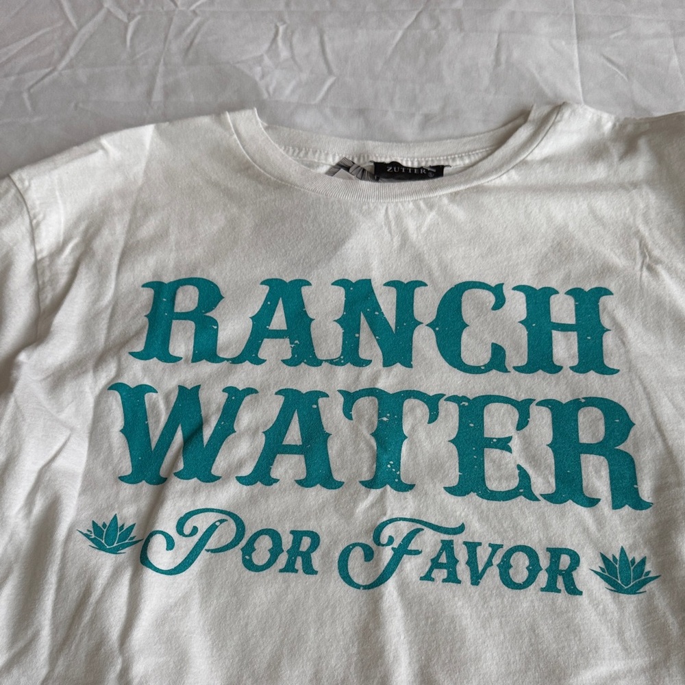 White Crop Top with Teal "Ranch Water Por Favor" Graphic - Picture 6 of 8